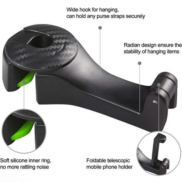 2-in-1 Car Seat Headrest Hooks with Built-in Phone Holder Black, Universal Fit - Picture 2 of 5